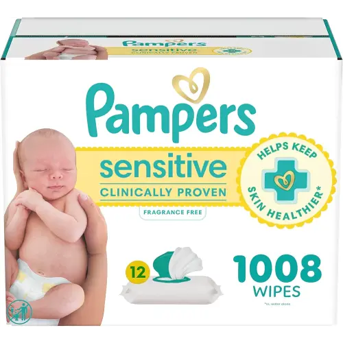 Pampers Baby Wipes, Sensitive, Water Based Wipe, Clinically Proven, Hypoallergenic, and Unscented for Babies, 1008 Wipes Total (12 Flip-Top Packs) [Packaging May Vary]