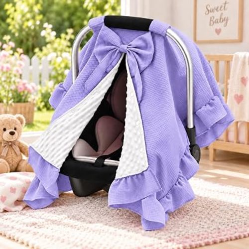 Baby Car Seat Cover with Sweet Bow, Waffle Infant Car Seat Canopy for Girls