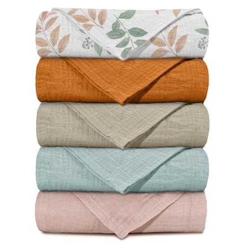 Muslin Receiving Blankets, Neutral Blanket Swaddling for Newborn Boys and Girls, 5 Pack Breathable and Skin-Friendly Swaddle Wrap for Infant Baby (Gentle Colors)