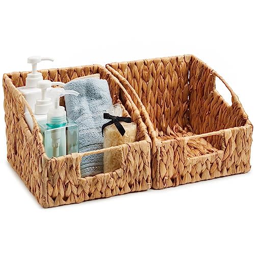 EZOWare Woven Open Front Storage Baskets, Natural Water Hyacinth Wicker Storage Trapezoid Organizer Bin Boxes with Handles for Closet Clothes Kids Room Nursery, Empty Decorative Gift - Set of 2