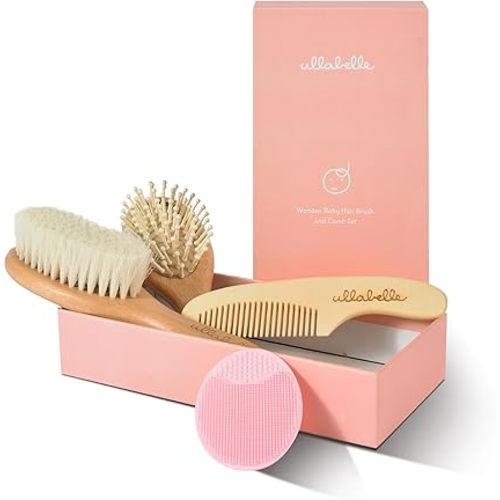 4 Piece Wooden Baby Hair Brush and Comb Set for Newborns & Toddlers in Chic Gift Box - Ultra Soft Natural Goat Hair and Wood Baby Brush Set Prevents Cradle Cap - Perfect Registry Gift (Pink)