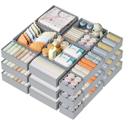 DIMJ Drawer Organizer Clothes 24 Pack - Foldable Baby Organizers and Storage & Dresser Organizer for Bedroom, Closet - Nursery Organization Dresser Dividers for underwear, Sock,Bra, Belt, Tie, Gray