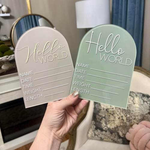 Acrylic Hello World Birth Announcement Sign: Baby Stats Photo Prop