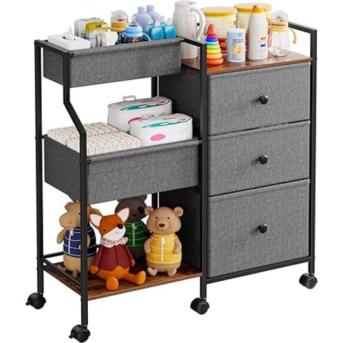 Baby Diaper Caddy Organizer and Storage - 3 Tier Rolling Cart with Dividers and Drawers, Easy To Assemble, Mobile Utility Cart with Wheels for Nursery, Bedroom, Changing Table & Crib