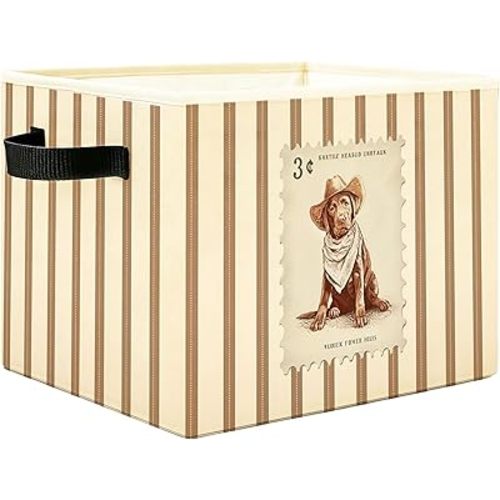 Cowboy Dog Storage Bins Box, Western Puppy Stripe Pattern Foldable Collapsible Fabric Storage Basket Organizer for Kids Room, Nursery, Bedroom, Playroom, Toys, Books, Clothes