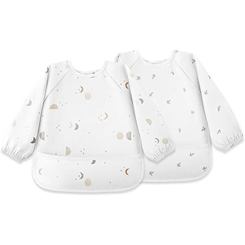 Susurration Baby Bibs with Sleeves for Eating, 2 Pack Reusable Waterproof Bibs Toddler Bibs with Sleeves, 6-36 Months Baby Feeding Essentials - Grey Moon