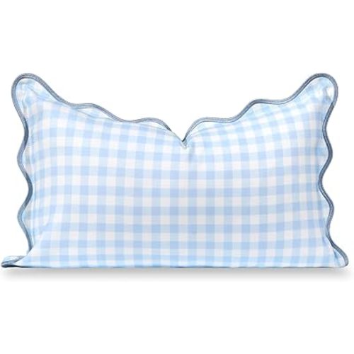 Hofdeco Premium Coastal Hampton Scalloped Patio Indoor Outdoor Lumbar Pillow Cover Only, 12"x20" Water Repellent for Backyard, Couch, Poolside, Baby Blue Print Gingham