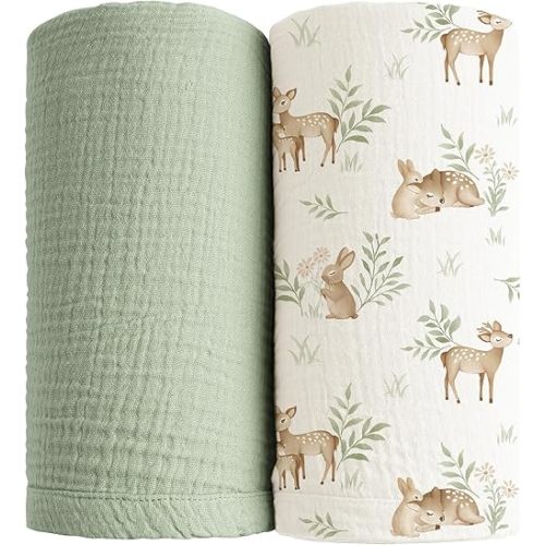 Konssy Muslin Swaddle Blankets for Girls Boys 2 Pack, 100% Cotton Receiving Baby Blanket Large 47 x 47 inches, Soft Breathable Swaddling Wrap for Unisex Newborn (Woodland,Sage)