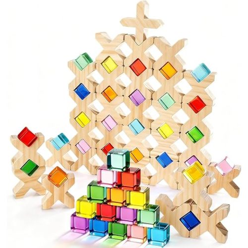 Woodtoe Wooden Building Blocks for Kids, 48 PCS Rainbow Acrylic Gem Cubes Blocks - 32 Wooden Blocks, Montessori Stacking Toy for Toddlers, Educational STEM Learning Sensory Toy Gifts for Boy Girl 3-6