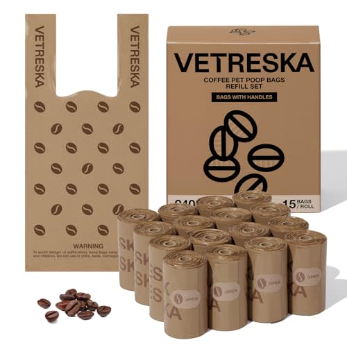 VETRESKA Dog Poop Bags with Handles 240 Count, Coffee Scented Waste Bags | Leak-Proof Thick Dog Bags for Poop, Easy-Tie Large Poop Bags, 16 Refill Rolls for Dog Walking Cat Litter