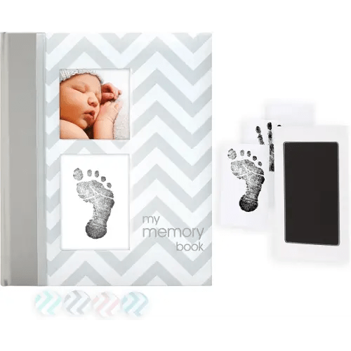 Pearhead First 5 Years Chevron Baby Memory Book, Clean-Touch Safe Ink Pad for Baby’s Handprint or Footprint, Gender Neutral Milestone And Pregnancy Gray