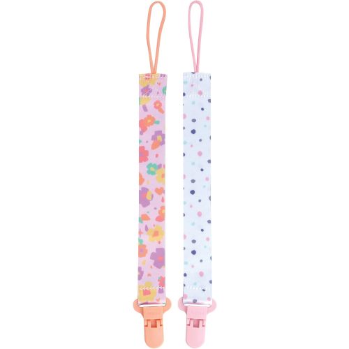 Nuby Pacifinder Baby Pacifier Clip - (2-Pack) - Pacifier Holder Clip with Convenient Hook Loop - Flowers and Polka Dots