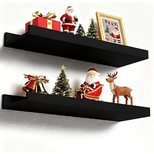 Floating Shelves Wall Mounted Set of 2, Modern Black Wall Shelves for Storage with Lip, Display Picture Ledge Shelf for Wall Decor Bedroom Living Room Bathroom Kitchen
