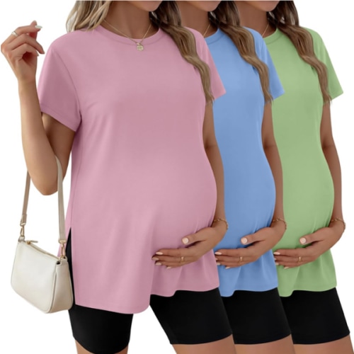 Ficerd 3 Pack Women's Maternity T Shirts, Short Sleeve Side Split Pregnancy Tops Casual Crew Neck Pregnant Tees Mama Clothes