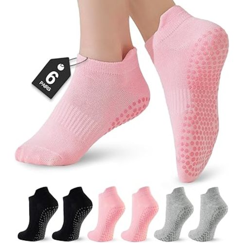 6 Pairs Pilates Socks for Women, Grip Yoga Crew Socks, Non Slip Grippy for Barre, Ballet, Dance & Hospital