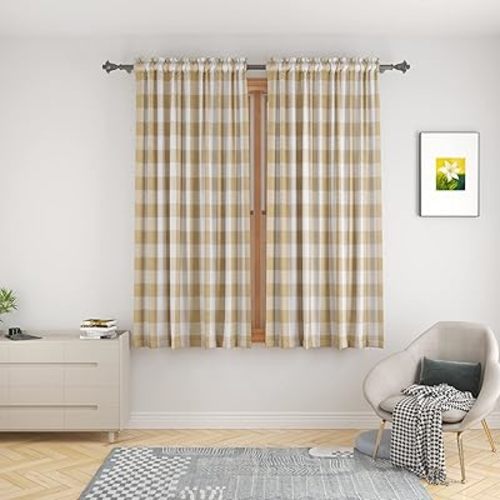 UPOPO Buffalo Check Window Curtains 54 inches Long Living Room Cotton Curtain Panels Bedroom Plaid Gingham Farmhouse Decor Curtains Rod Pocket Kitchen Basement 2 Panels Beige White 52"x54"