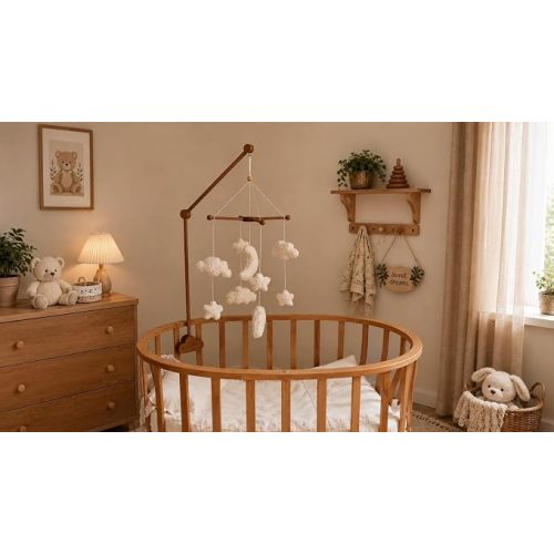 Crib Mobile Arm, 35.4 Inch Wooden Baby Mobile Holder with Cloud Clamp, 2 Wooden Clamps Included, Only Wood Touches Your Crib, Nursery Mobile Hanger, Handmade, Walnut