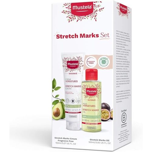 Mustela Maternity Stretch Marks Set - Natural Pregnancy Skincare - Contains Stretch Marks Cream & Belly Oil - EWG Verified & Fragrance-Free - 2 Items Set