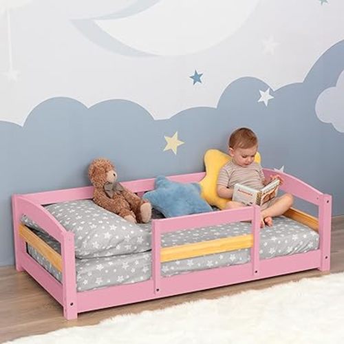 Ocodile Toddler Bed with Rails | Low Montessori Floor Bed Frame for Kids | Standard Crib Size Wooden Frame for Independent Toddlers 1-3 - Pink