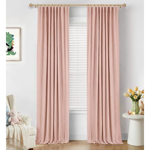 INOVADAY 100% Blackout Curtains for Bedroom, Blush Pink Black Out Curtains 84 Inch Long, Clip Rings Linen Blackout Drapes, Thermal Insulated Room Darkening for Living Room, 2 Panels - W50xL84