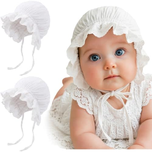 DRESHOW BQUBO Baby Bonnet Lace Cotton Baptism Bonnet for Baby Girls Newborn Soft Warm Cap Hospital Hat Sleepy Hat with Tie