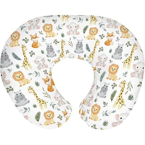 Safari Animals Baby Nursing Pillow Covers for Boy Girl Cute Lion Giraffe Elephant Hippo Tropical Leaves Nursery Pillowcase for Breastfeeding Pillows Zoo Jungle Soft Stretchy Slipcovers for Newborn