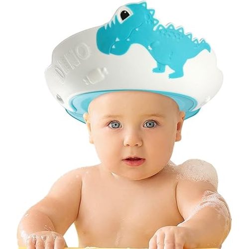 FUNUPUP Baby Shower Cap for Kids, Baby Bath Shampoo Visor Cap Hair Washing Shield Adjustable Silicone Bath Hat for Toddler Girls and Boys (Dinosaur,Blue)