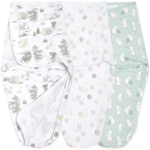 aden + anais Essentials Easy Swaddle Wrap Quick Change with Bottom Zipper, Snug Cotton Knit Baby Wrap Swaddle Blanket for Newborns, TOG 1.0, 3 Pack, Winnie, 0-3 Months, Small/Medium
