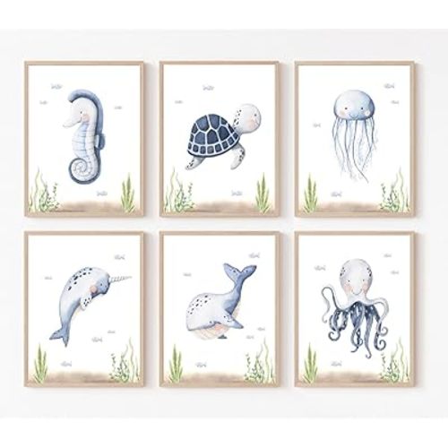 Wodkwq Nursery Wall Art Sea Animal Canvas Prints Baby Girl Boy Room Decor