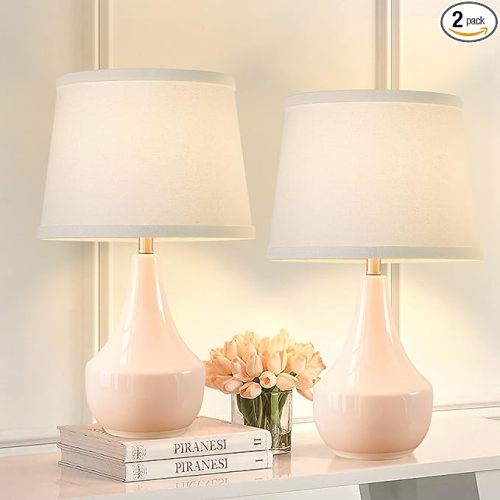 GyroVu 18" Table Lamp Set of 2, Ceramic Lamp Classic Beside Lamps Nightstand Lamp Modern Bedside Lamp for Living Room, Bedroom & Office Rocker Switch Pink-LED Bulbs Included