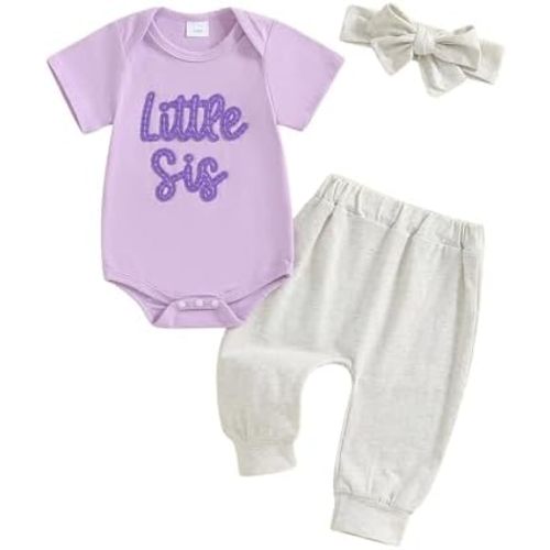 Little Sister Newborn Outfit Baby Girl Letter Embroidered Romper+Pants 3Pcs Layette Set Newborn Coming Home Outfit