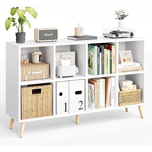 8-Cube Bookshelf 2 Tier Modern Bookcase with Legs, 11in Shelf Opening, 47" Wood Bookshelves Storage Organizer Shelf, Freestanding Open Book Shelves for Bedroom Living Room Office, Modern White