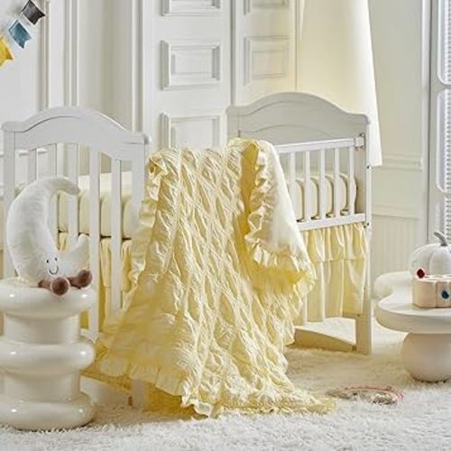 Ruffled Crib Bedding Set Baby Boho Quilted Comforter with Fitted Sheet and Bed Skirt - Cute Soft Breathable Seersucker Ruffled Shabby Chic Bedding Soft Blanket Design - Yellow
