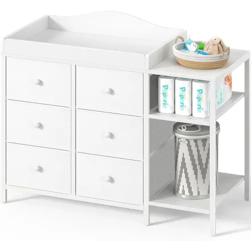 BOLUO Baby Dresser with Changing Table Top, Black Changing Table Dresser with 6 Fabric Drawers Diaper Changing Station with Storage Shelf for Nursery Modern