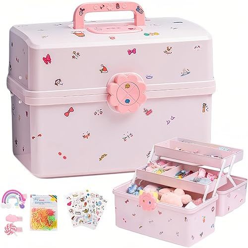 SEAHOME Hair Accessories Organizer for Girls Headbands, Clips, Ties Baby Girl Supplies, Lockable Three-layer Folding Craft Organizers and Storage Plastic Jewelry Box, 11.4x6.3x6.3in