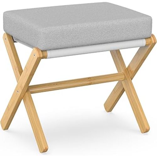 Foldable Foot Stool Ottoman with Bamboo X Legs & Thick Foam Cushion (Natural - Grey)