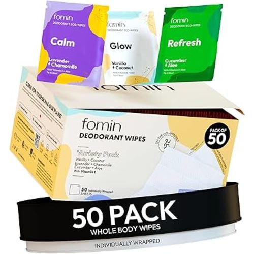 FOMIN Travel Deodorant Wipes - 50 Count - Variety Pack - pH Balanced, Hypoallergenic Mini Deodorant Wipes For Women and Men - Plastic-Free, Individually Wrapped Underarm & Body Wipes