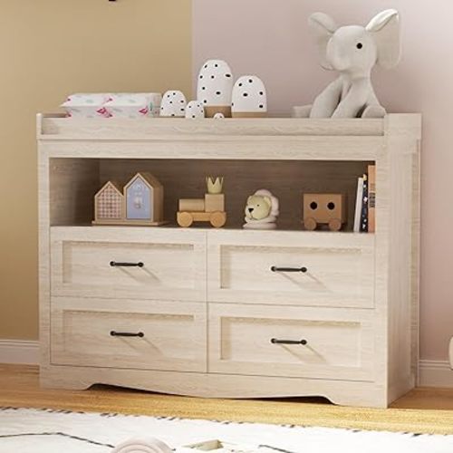 47.2" Beige Nursery Dresser with 4 Drawers and 1 Open Shelf Changing Table Dresser with Changing Table Top Diaper Changing Station with Storage for Nursery Children's Room
