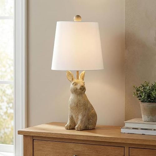 19" Bunny Table Lamp, Brown Resin Rabbit Lamp with White Hardback Shade | Rustic Farmhouse Forest Woodland Animal Lamp, For Nightstand, Bedroom, Living Room, Kids Room, Nursery, Unique Ambient Gift
