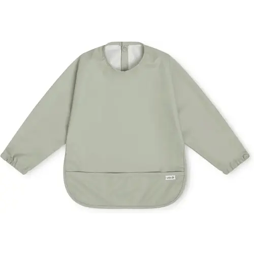 Lalo Long Sleeve Baby Bib, Waterproof, Elastic Cuffs, Large Catch-All Pocket, Recycled Polyester, Ages 6-24 Mo., Sage