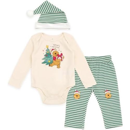 Disney Christmas Baby Bodysuit, Pants and Velour Santa Hat 3 Piece Outfit Set Newborn to Infant Sizes (Newborn - 24 Months)