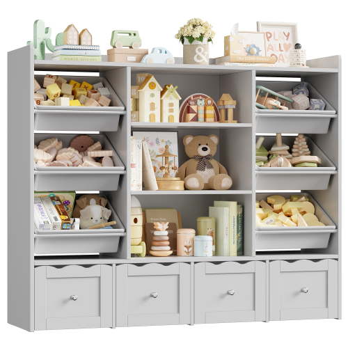 Hiphuta 55" Wide Toy Storage Organizer with 4 Removable Drawers, 4-Tier Kid Bookcase with 6 Bins, Toy Organizer with Bookcase for Kid Bedroom Playroom, Grey