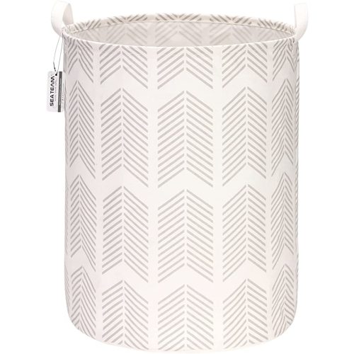 Sea Team 19.7 Inches Large Sized Waterproof Coating Ramie Cotton Fabric Folding Laundry Hamper Bucket Cylindric Burlap Canvas Storage Basket with Stylish Fishbone Grey Design