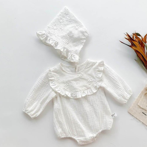 White Frilled Romper & Bonnet Set - Shop Online at Belle Baby | Belle Baby