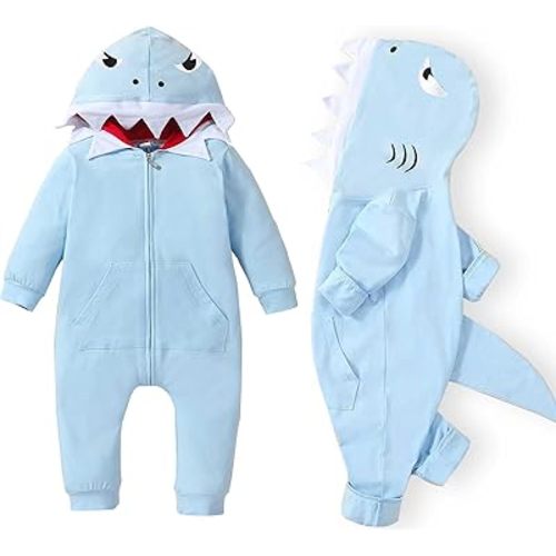 Newborn Baby Boys Girls Cartoon Shark Dinosaur Hoodie Romper Onesies Outfits
