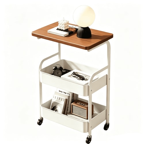 GOCAPTAIN Rolling Utility Cart 3-Tier Storage Cart – Metal Rolling Cart with Wooden Top, Lockable Casters & Mesh Baskets – Space-Saving Organizer for Kitchen, Bathroom, Office, Living Room – White