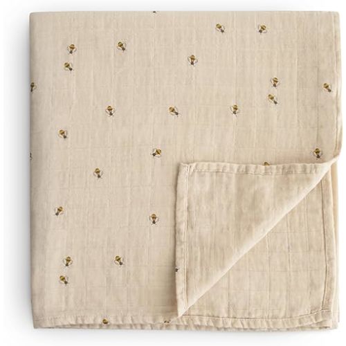 mushie Muslin Baby Swaddle Blanket | 100% Organic Cotton (Bees)