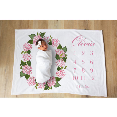 Pink Hydrangea Baby Milestone Blanket | Personalized Baby Boy Month Blanket, Growth Tracker Baby Girl Blanket, Watercolor Foliage, Newborn