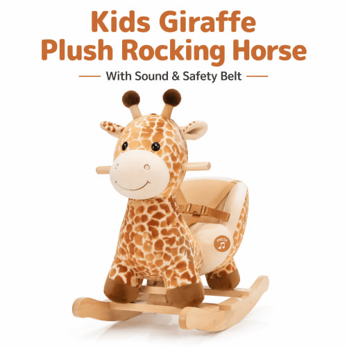 Kids Plush Animal Rocker with Music, Giraffe Ride-On Rocking Toy with Safety Seat, Seat Belt & Wooden Base, Brown