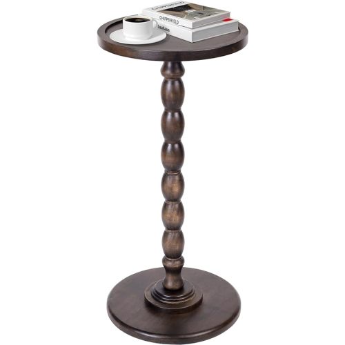 Solid Wood Round Pedestal Side Table with Tray-Top Rim – Bobbin Turned Accent End Table for Living Room, Bedroom – Compact Small Round Drink Table with Stable Base, Nightstand with Table Solid Wood